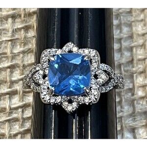 Bomb Party Blue & Clear CZ Silver Tone Statement Ring Size 6